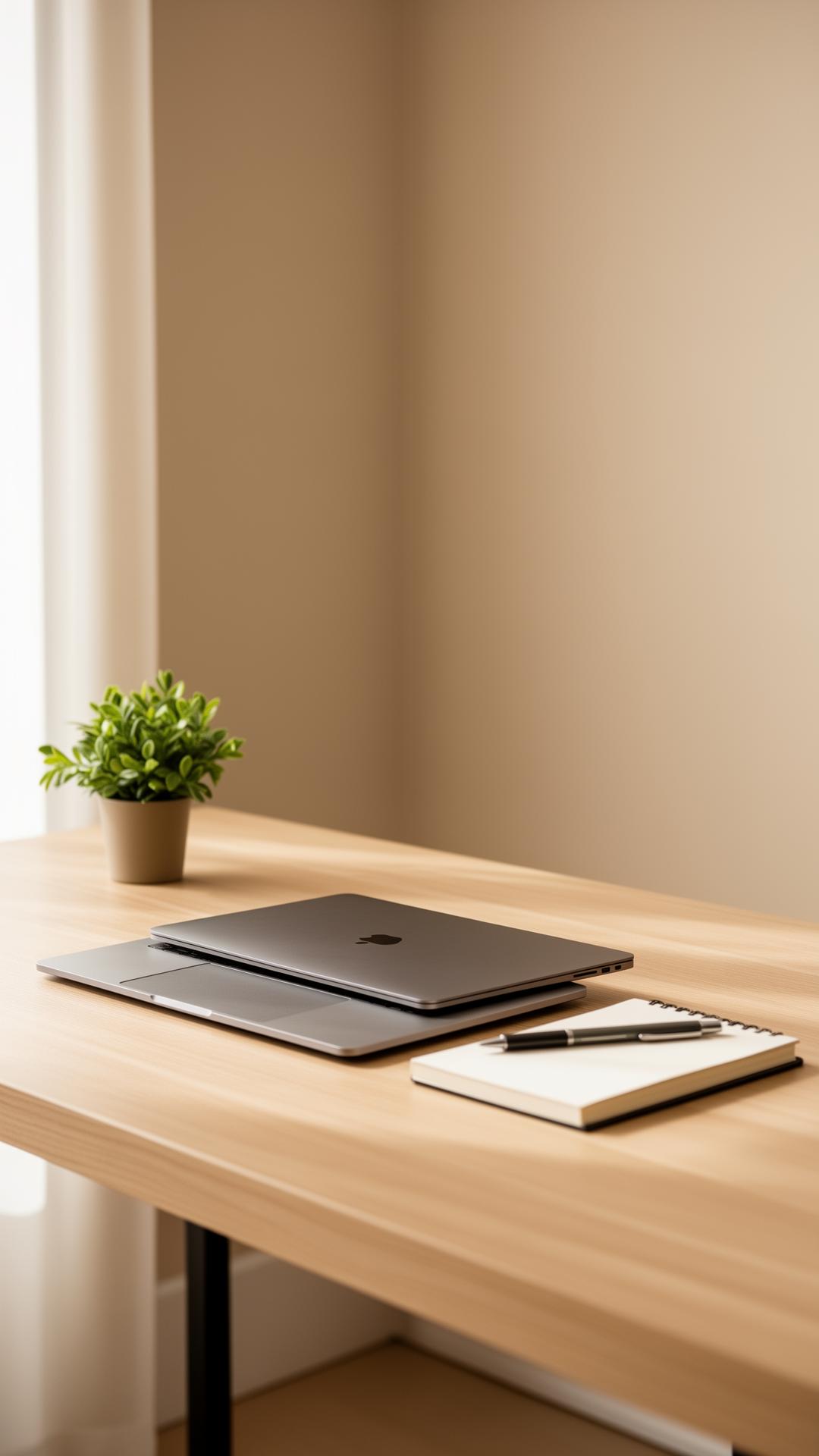 Aufgeräumter Arbeitsplatz mit Laptop und Notizbuch
